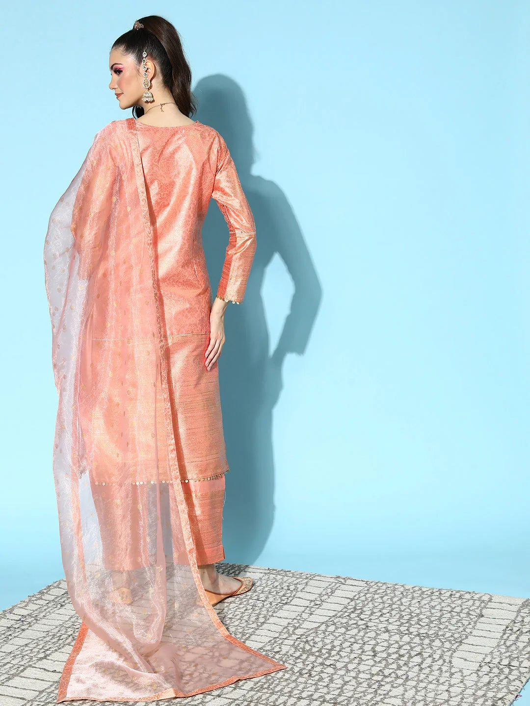 Peach Metallic Print Kurta Set with Dupatta | Indian Kurta Sets