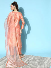 Peach Floral Metallic Print Poly-Silk Kurta Set-AHKUDUPN-COMBO-444-FF