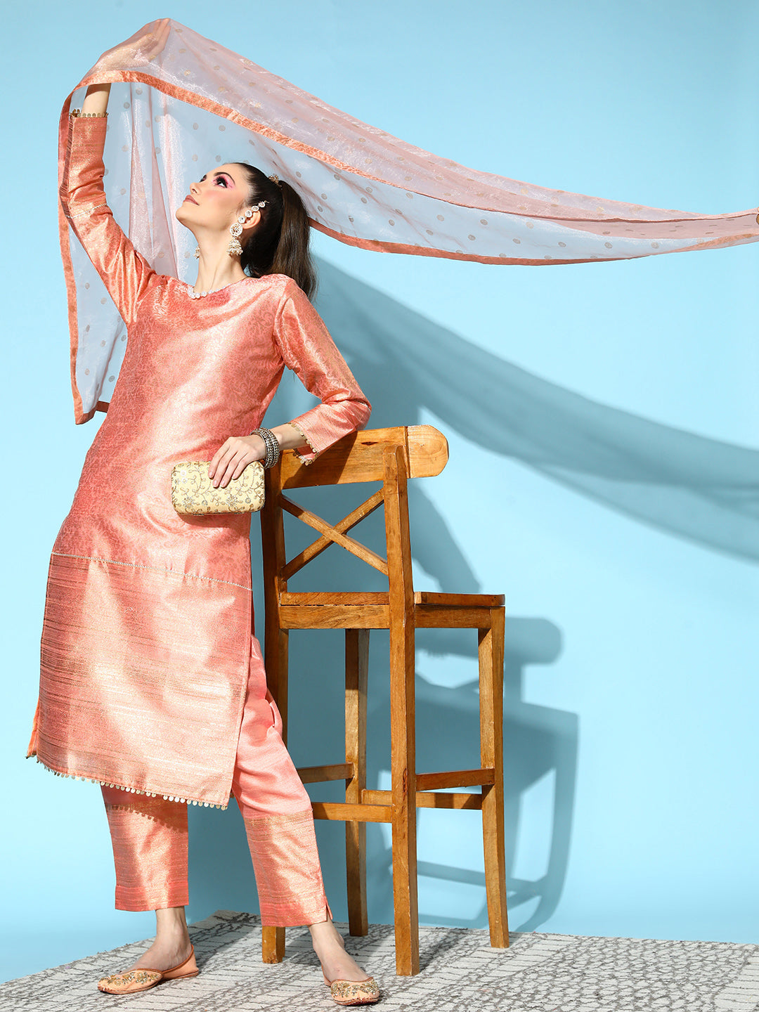 Peach Metallic Print Kurta Set with Dupatta | Indian Kurta Sets