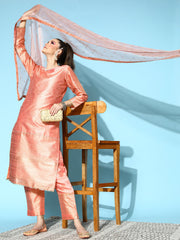 Peach Floral Metallic Print Poly-Silk Kurta Set-AHKUDUPN-COMBO-444-FF