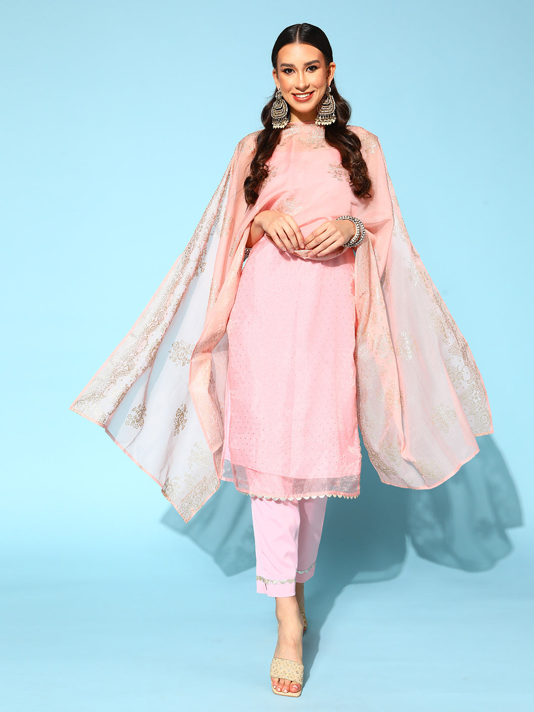 Pink Polka Dot Organza Kurta Set | Fusion Style, Unique Design
