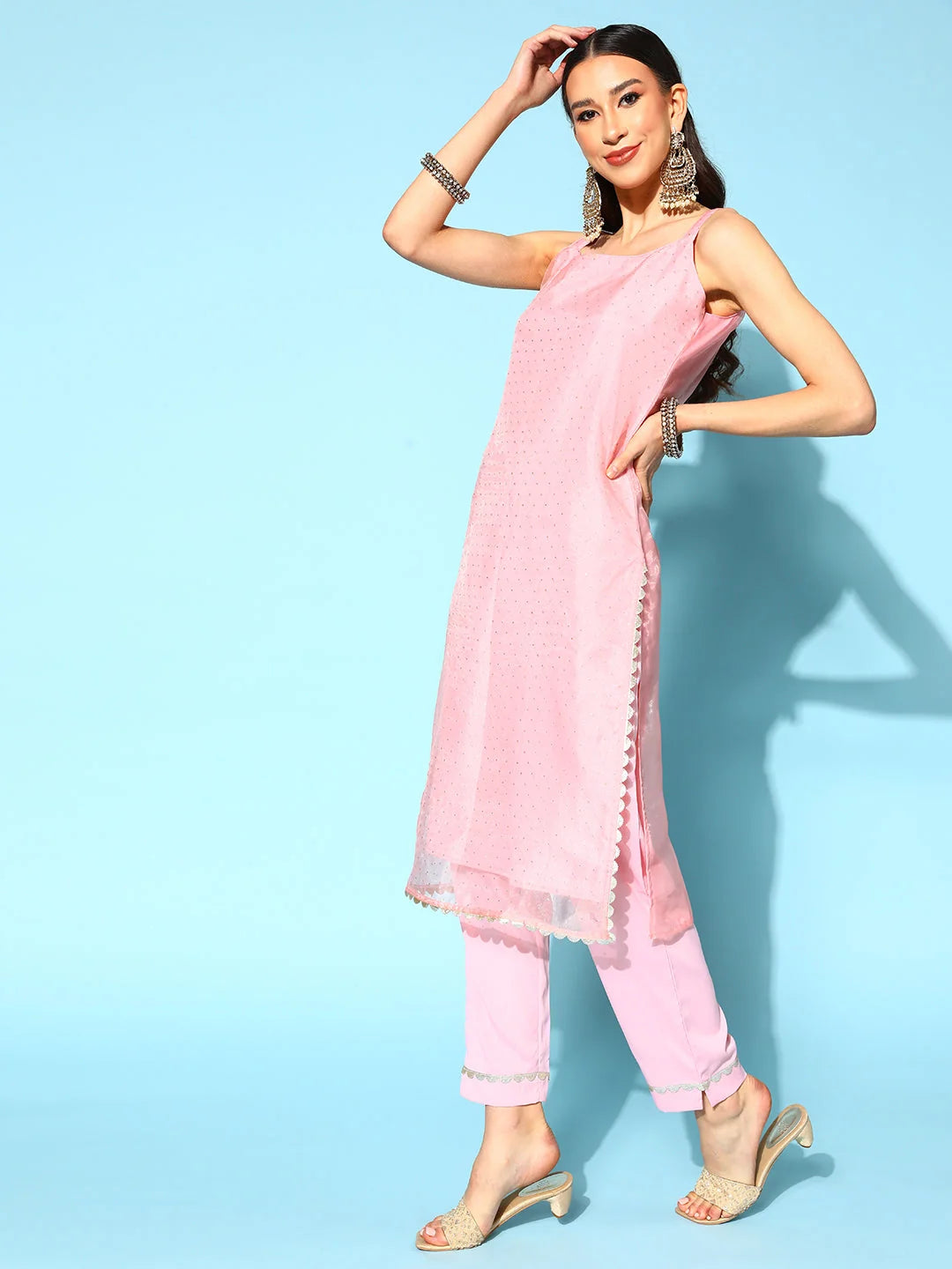 Pink Polka Dot Organza Kurta Set | Fusion Style, Unique Design