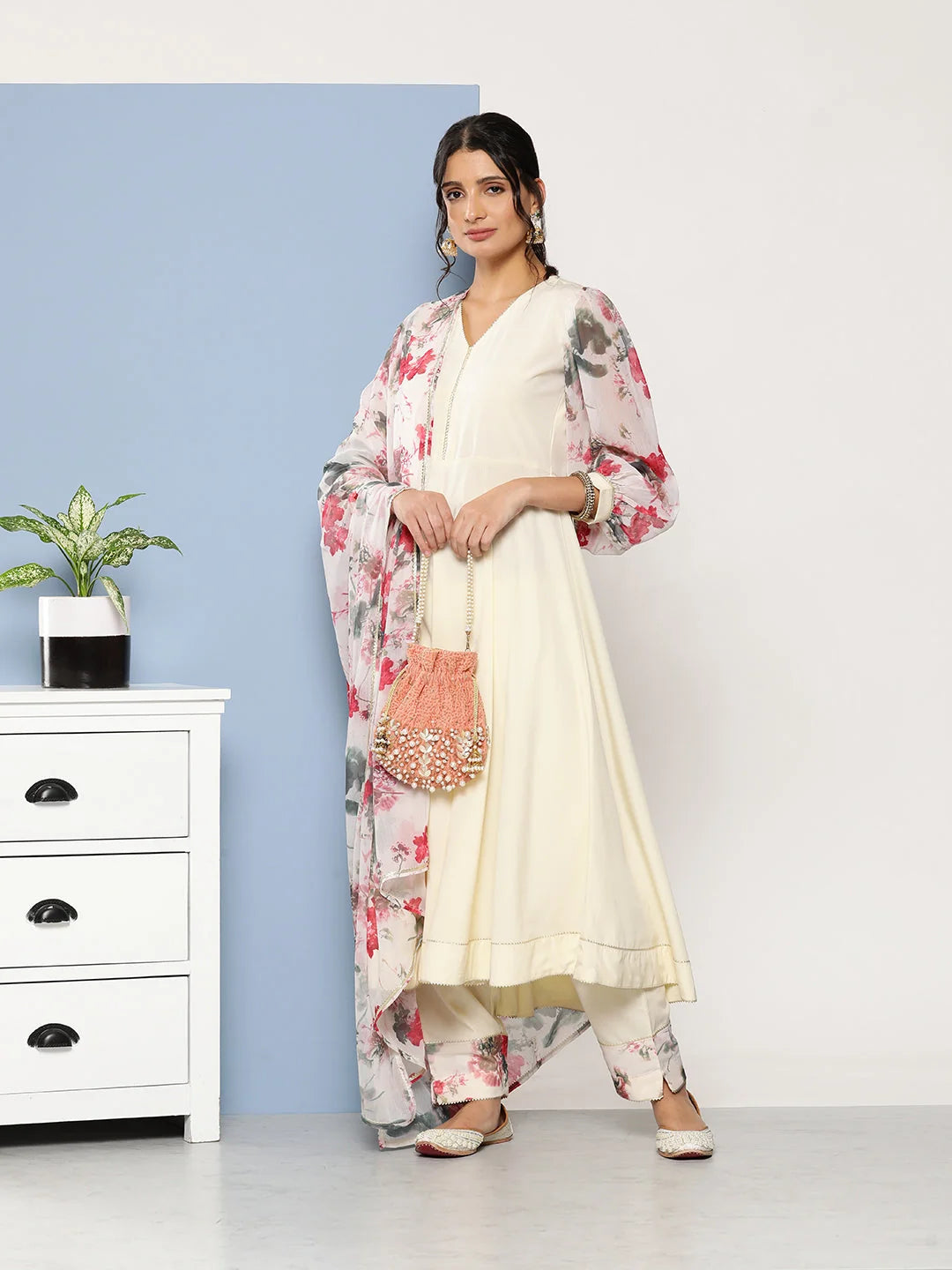 Off White Floral Kurta Set with Dupatta | Indian Women's Kurta