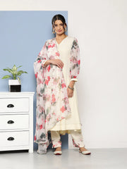 Off White Floral Gotta Patti Kurta with Trousers & With Dupatta-AHKUDUPN-COMBO-565-ICH