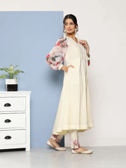 Off White Floral Gotta Patti Kurta with Trousers & With Dupatta-AHKUDUPN-COMBO-565-ICH