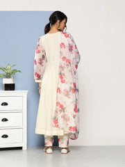 Off White Floral Gotta Patti Kurta with Trousers & With Dupatta-AHKUDUPN-COMBO-565-ICH