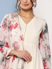 Off White Floral Gotta Patti Kurta with Trousers & With Dupatta-AHKUDUPN-COMBO-565-ICH