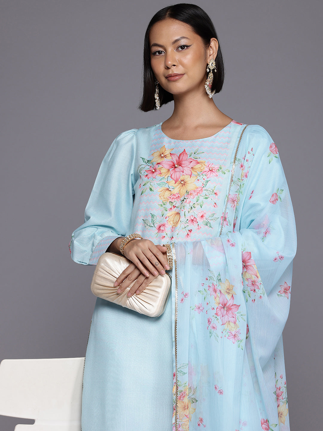 Floral Printed Beads & Stones Kurta With Trousers & Dupatta-AHKUDUPN-COMBO-884