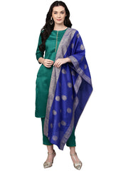 Green Solid Kurta with Trousers & Printed Dupatta-AHKUDUPN-Combo-117