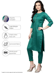 Green Solid Kurta with Trousers & Printed Dupatta-AHKUDUPN-Combo-117