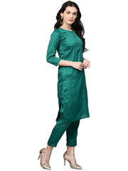 Green Solid Kurta with Trousers & Printed Dupatta-AHKUDUPN-Combo-117