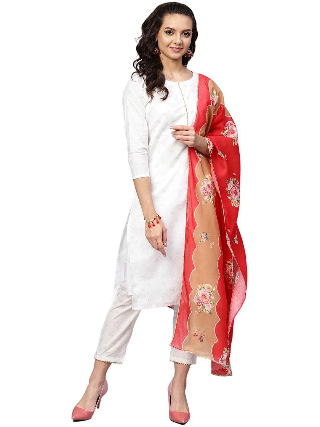 White & Gold Printed Cotton Kurta Sets | Women's Kurtas