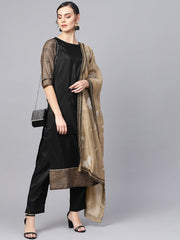 Black Solid Kurta with Trousers & Dupatta-AHKUDUPN-Combo-204