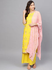 Yellow & Pink Printed Kurta with Palazzos & Dupatta-AHKUDUPN-Combo-218
