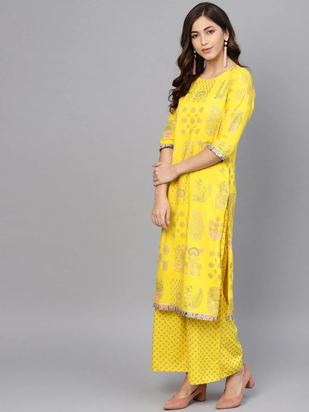 Yellow & Pink Printed Kurta and Palazzo Set with Dupatta