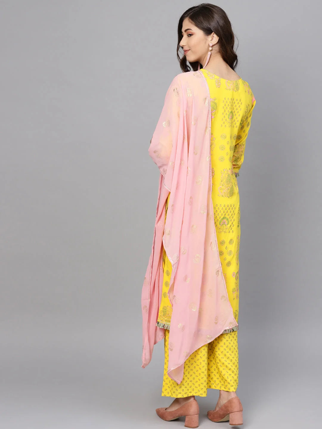 Yellow & Pink Printed Kurta and Palazzo Set with Dupatta