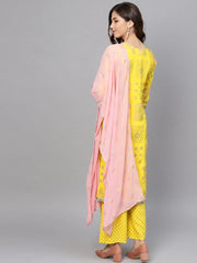 Yellow & Pink Printed Kurta with Palazzos & Dupatta-AHKUDUPN-Combo-218