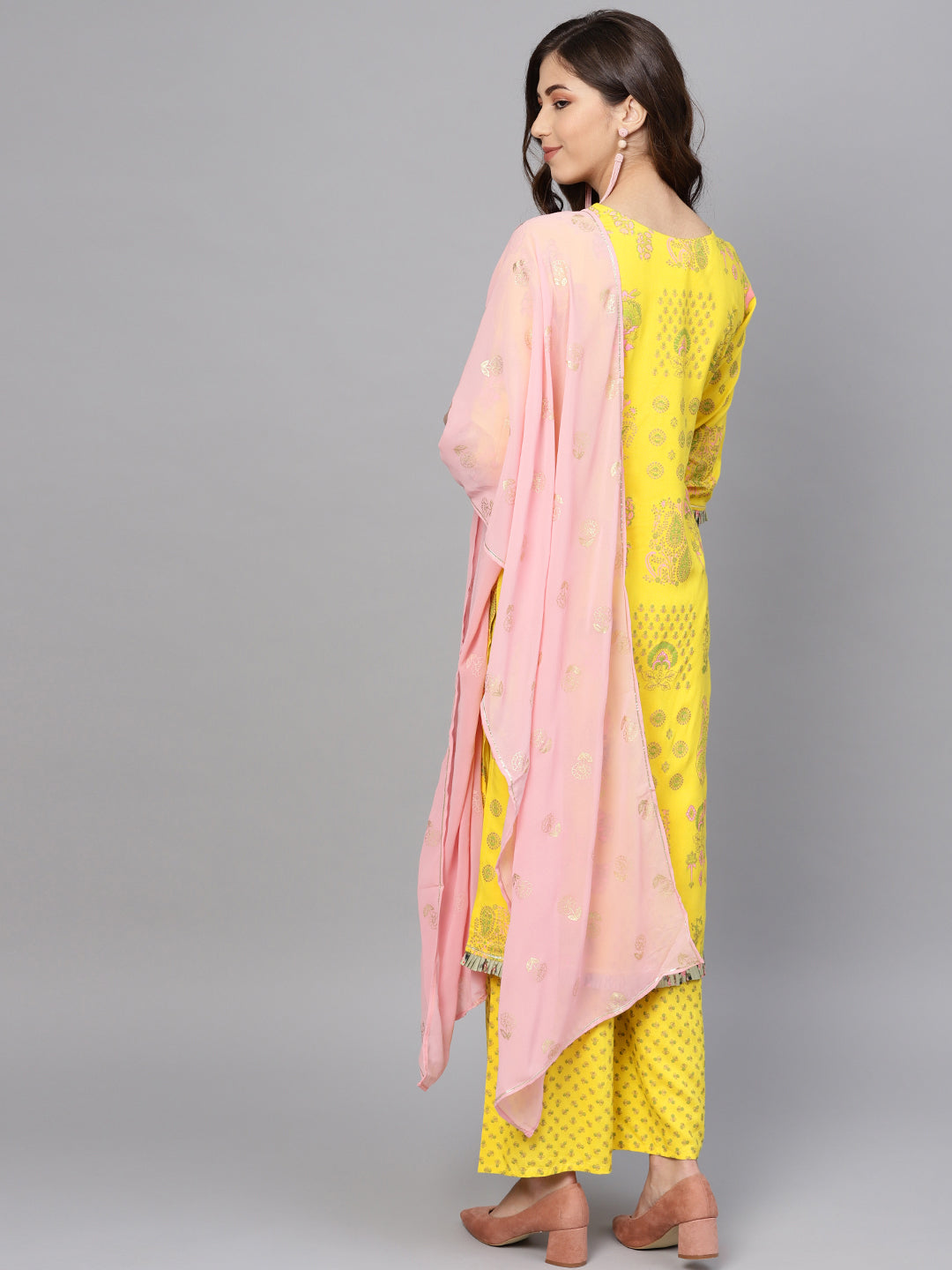 Yellow & Pink Printed Kurta and Palazzo Set with Dupatta