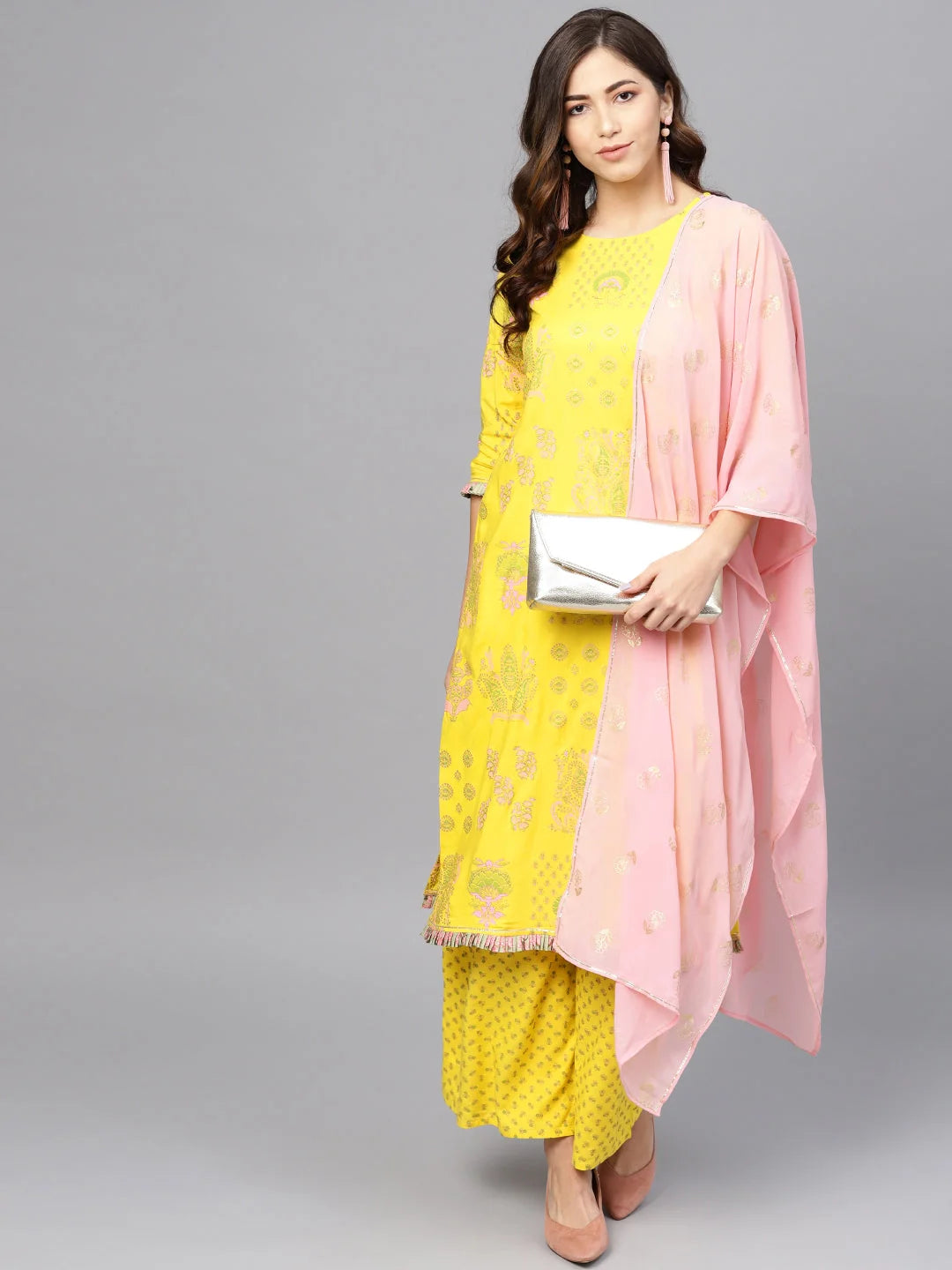 Yellow & Pink Printed Kurta and Palazzo Set with Dupatta