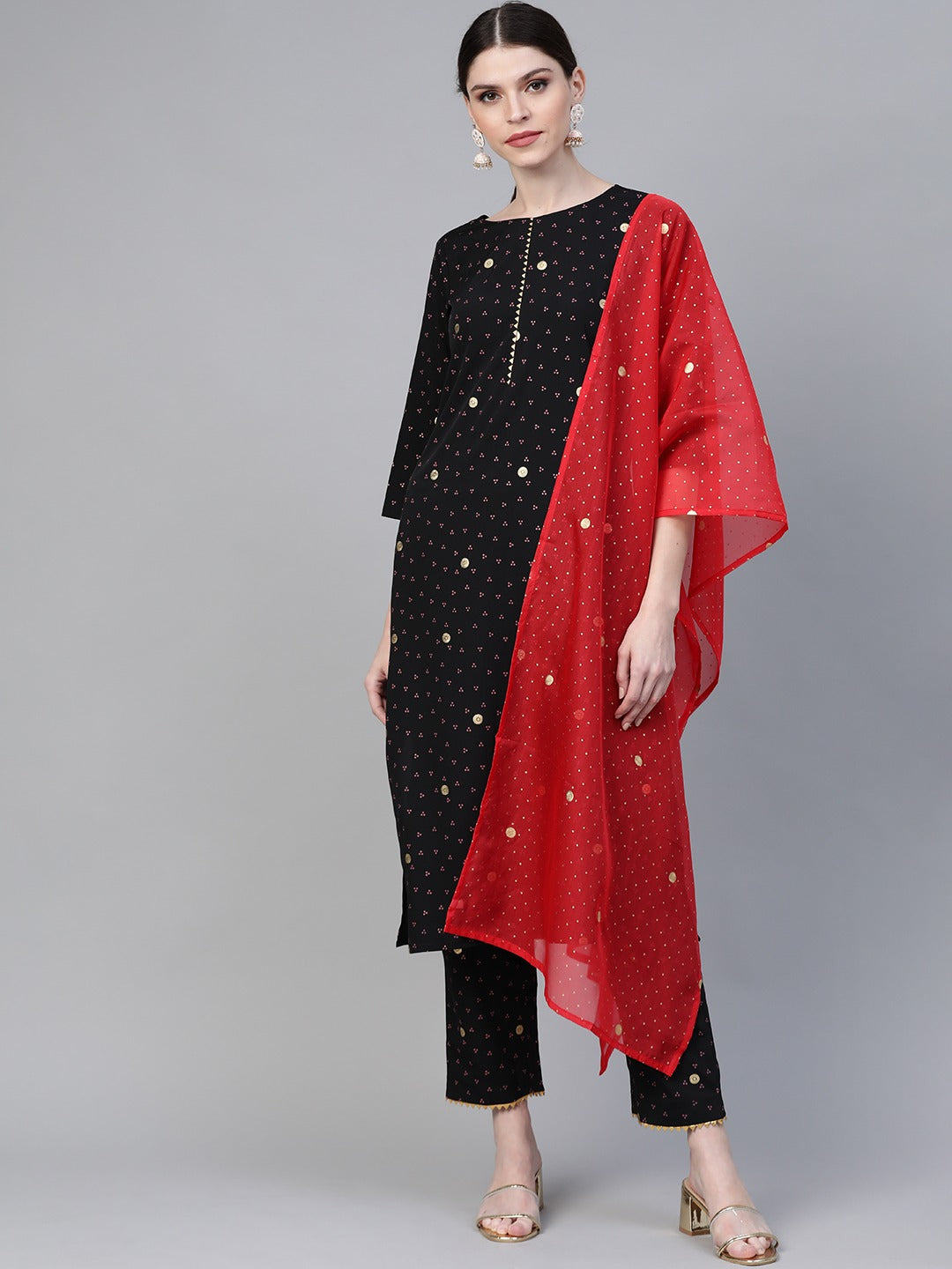 Black & Pink Bandhani Printed Kurta with Trousers & Dupatta-AHKUDUPN-Combo-272