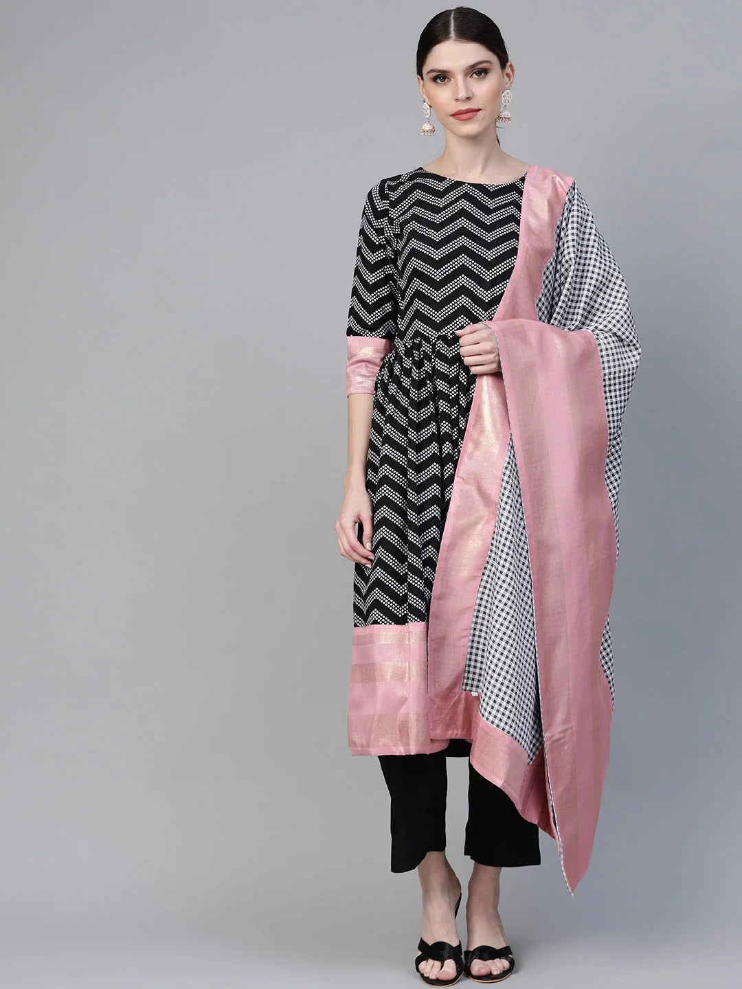 Black & White Polka Dots Chevron Printed Kurta with Trousers & Dupatta-AHKUDUPN-Combo-274