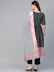 Black & White Polka Dots Chevron Printed Kurta with Trousers & Dupatta-AHKUDUPN-Combo-274