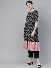 Black & White Polka Dots Chevron Printed Kurta with Trousers & Dupatta-AHKUDUPN-Combo-274