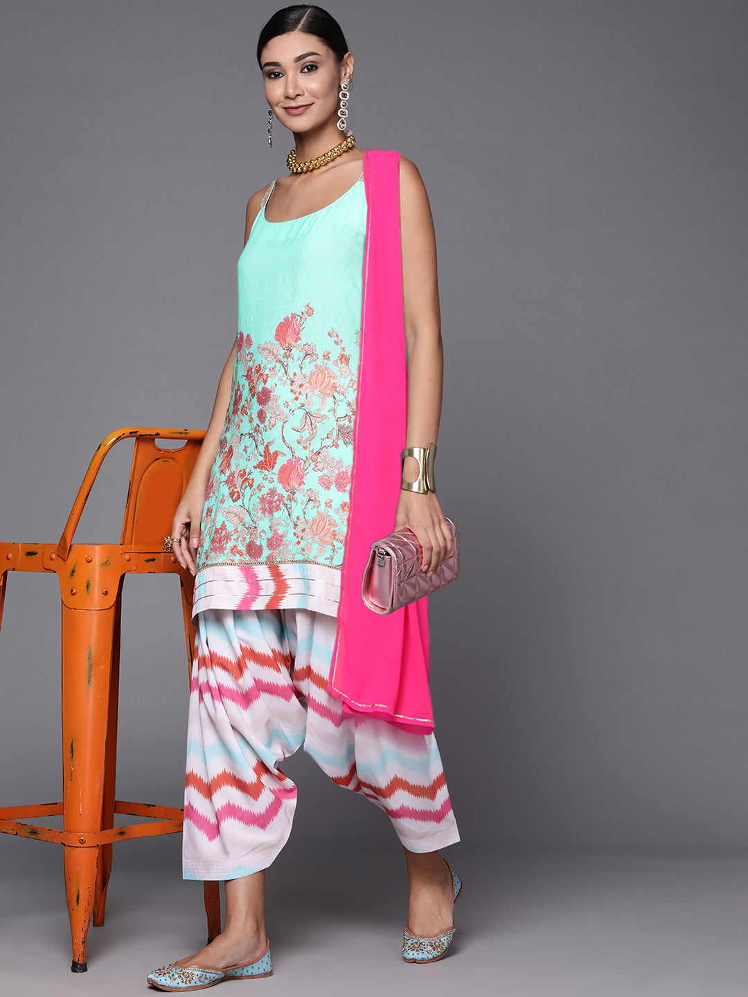 Blue Floral Kurta with Patiala & Dupatta | Women's Kurta Sets