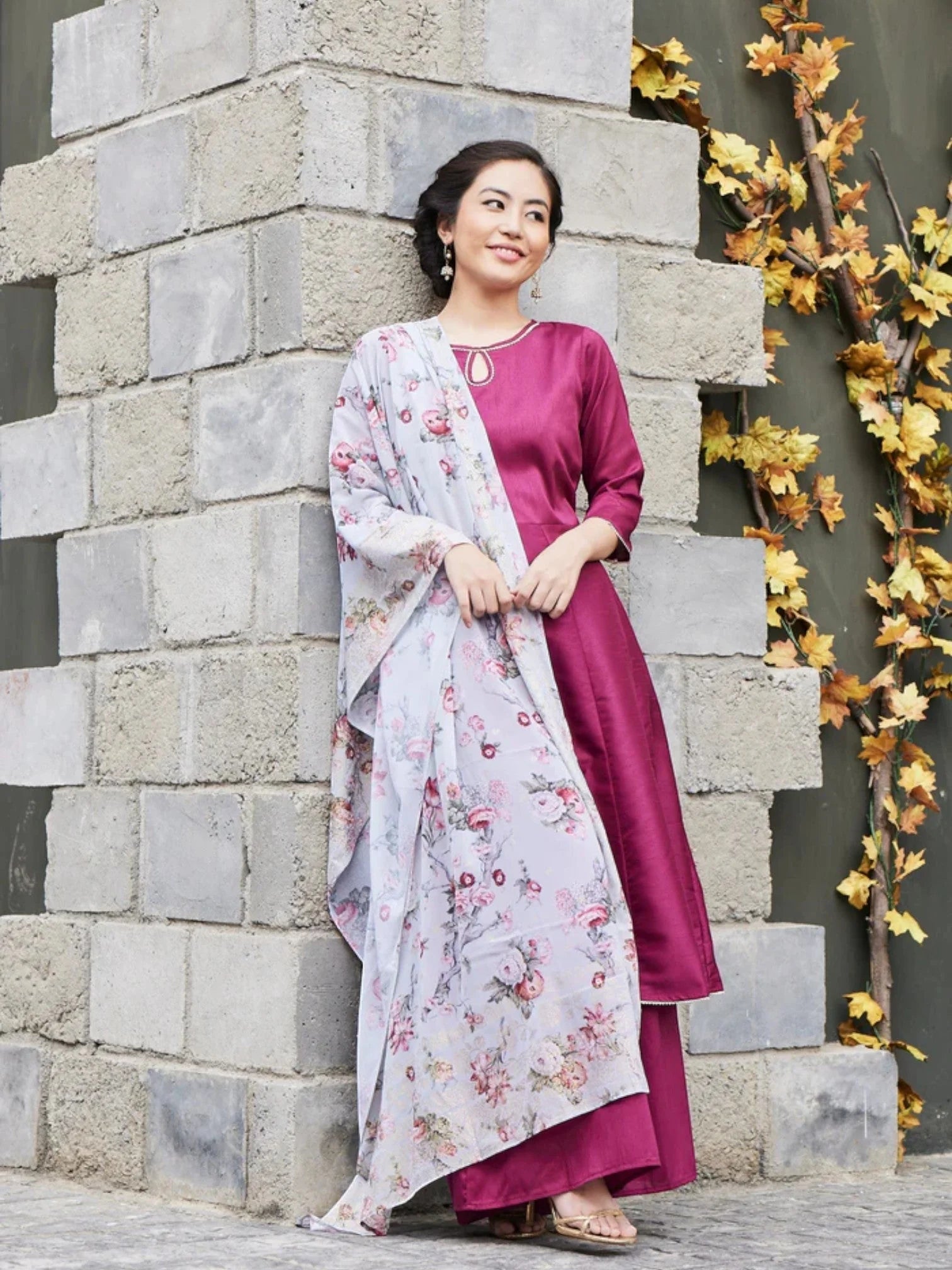 Magenta Anarkali Kurta and Palazzo Pants Set with Dupatta