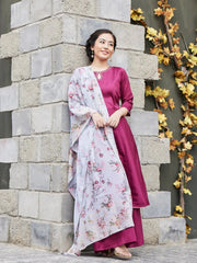 Magenta & Grey Solid Anarkali Kurta with Palazzos & Floral Dupatta-AHKUDUPZ-COMBO-281