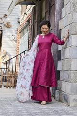 Magenta & Grey Solid Anarkali Kurta with Palazzos & Floral Dupatta-AHKUDUPZ-COMBO-281