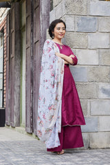 Magenta & Grey Solid Anarkali Kurta with Palazzos & Floral Dupatta-AHKUDUPZ-COMBO-281