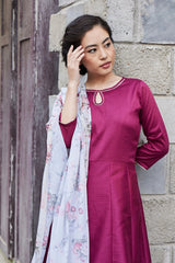 Magenta & Grey Solid Anarkali Kurta with Palazzos & Floral Dupatta-AHKUDUPZ-COMBO-281