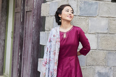 Magenta & Grey Solid Anarkali Kurta with Palazzos & Floral Dupatta-AHKUDUPZ-COMBO-281