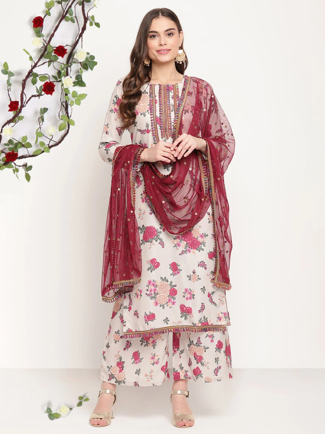 Beige Floral Kurta Palazzo Set with Dupatta | Women's Style
