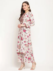 Beige Floral Printed Embellished Straight Kurta-AHKUCRDP-1055