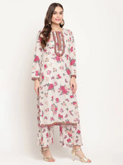 Beige Floral Printed Embellished Straight Kurta-AHKUCRDP-1055