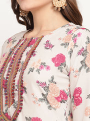 Beige Floral Printed Embellished Straight Kurta-AHKUCRDP-1055