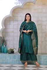 Dark Green Chanderi Solid Kurta With Palazzo And Dupatta Set-AHKUDUPZ-COMBO-375