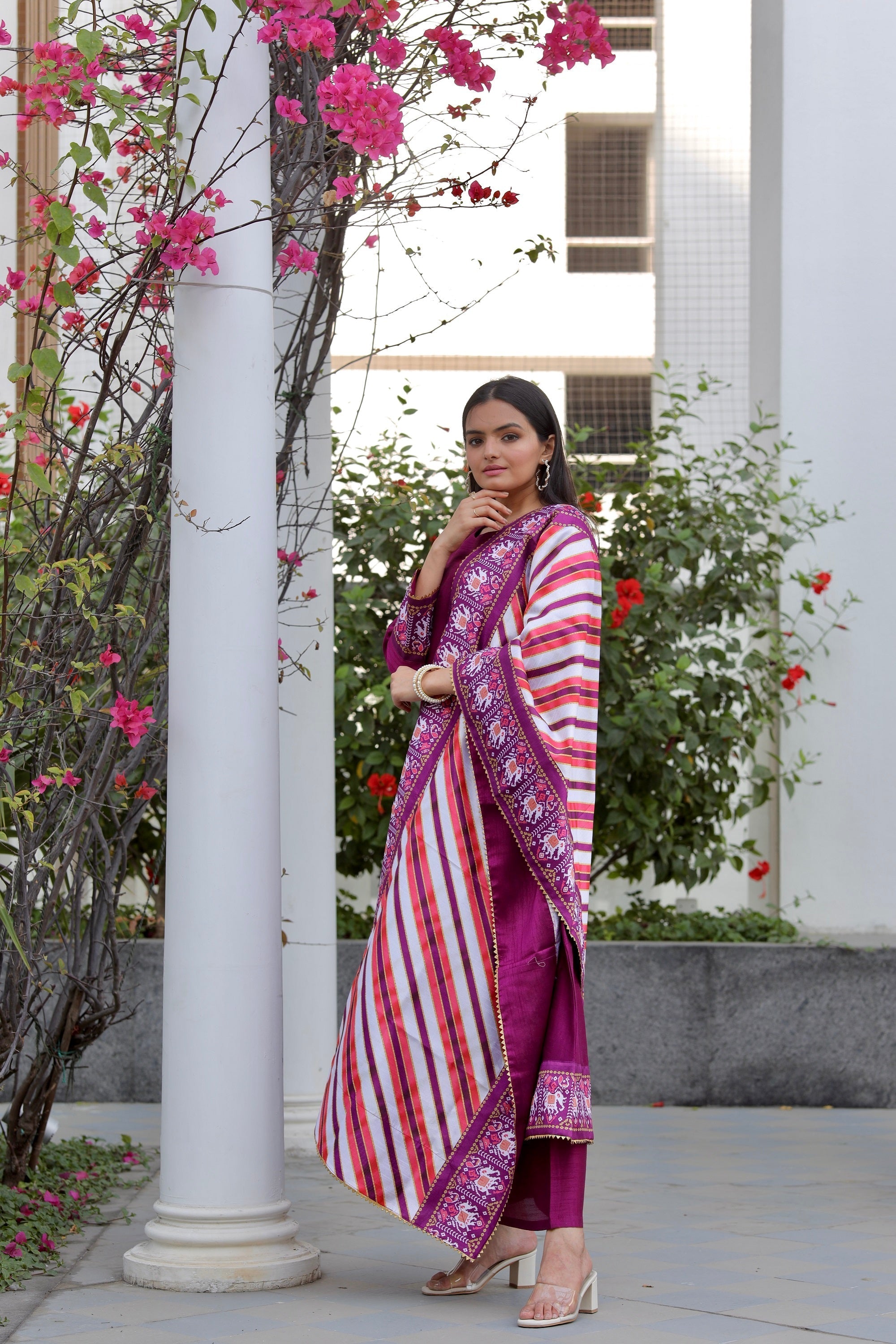 Purple Poly Silk Kurta Palazzo Set with Dupatta for Women