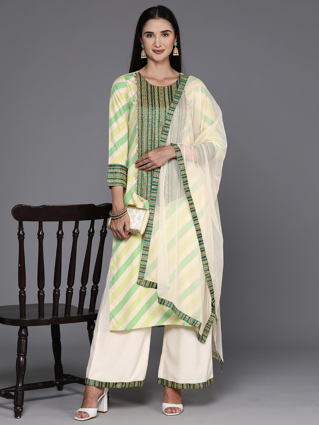 Leheriya Printed Beads & Stones Kurta with Palazzos & Dupatta-AHKUDUPZ-COMBO-542