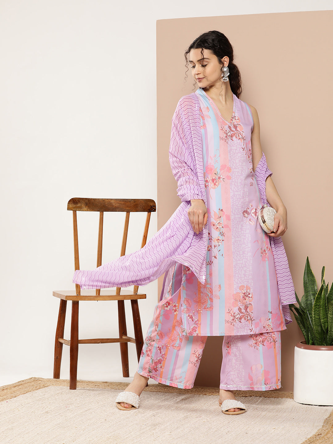 Lavender Floral Printed Gotta Patti Kurta with Palazzos & With Dupatta-AHKUDUPZ-COMBO-574-ICH