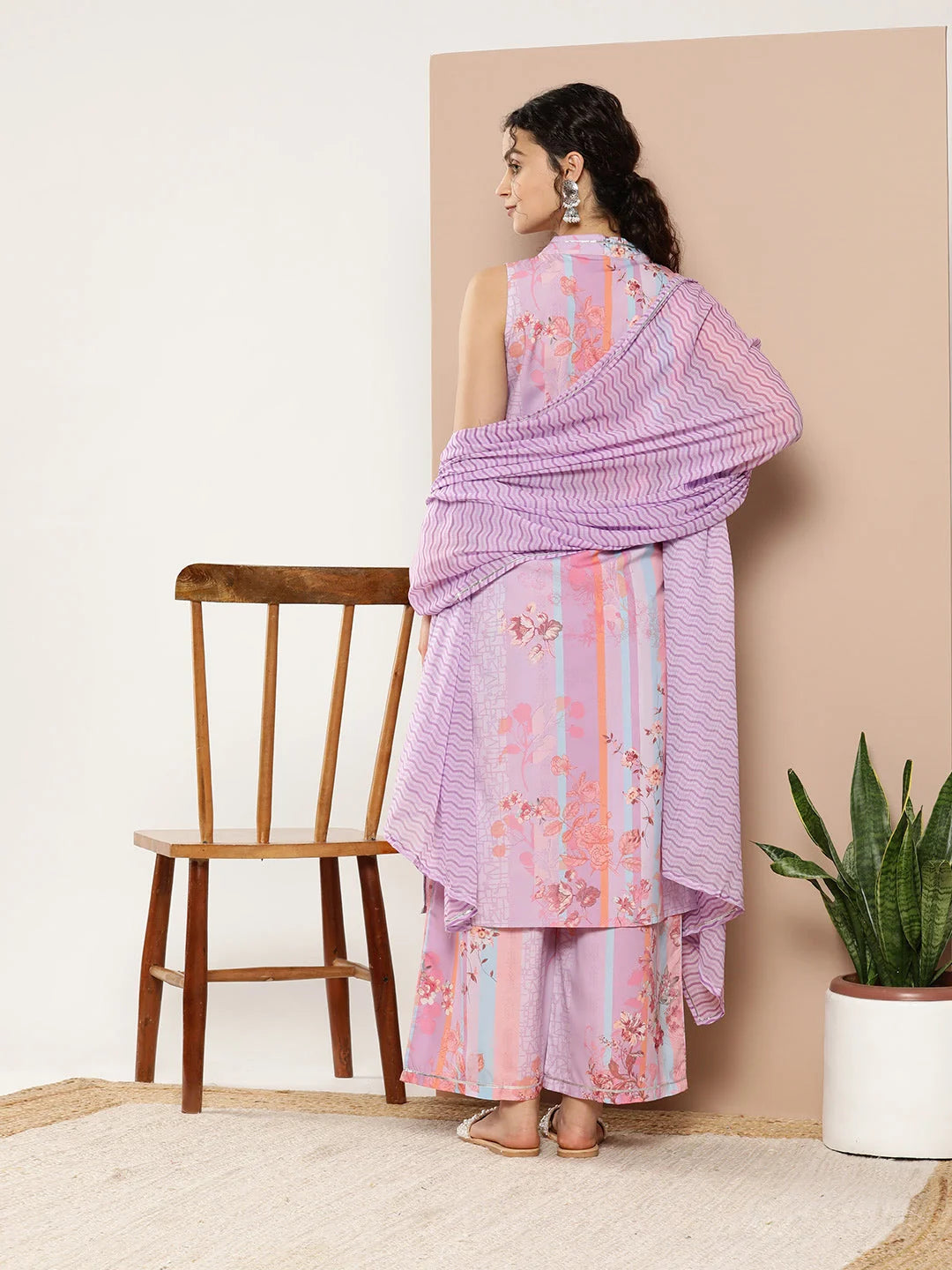 Lavender Floral Kurta and Palazzo Set With Dupatta- Stylish set