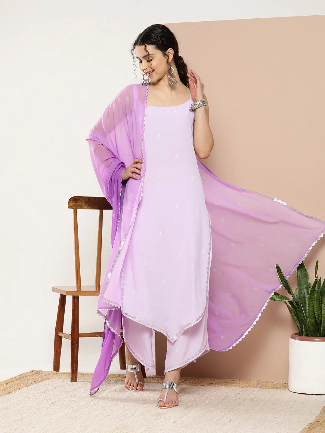 Lavender Printed Kurta Palazzo Set with Dupatta| Women's Style