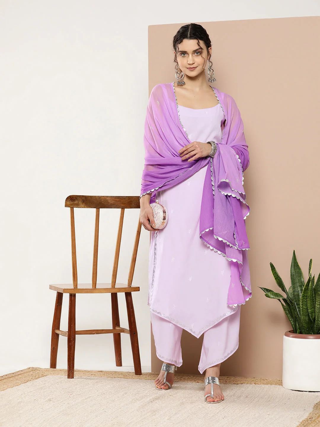 Lavender Printed Kurta Palazzo Set with Dupatta| Women's Style