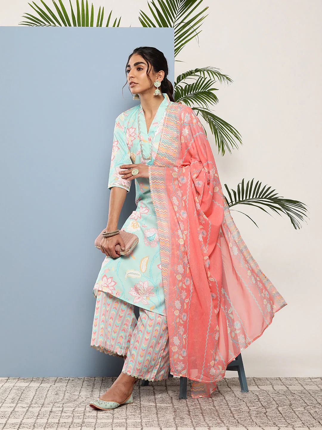 Blue Floral Kurta and Palazzo Set with Dupatta - Gotta Patti