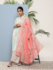 Blue Floral Printed Gotta Patti Kurta with Palazzos & With Dupatta-AHKUDUPZ-COMBO-603-ICH