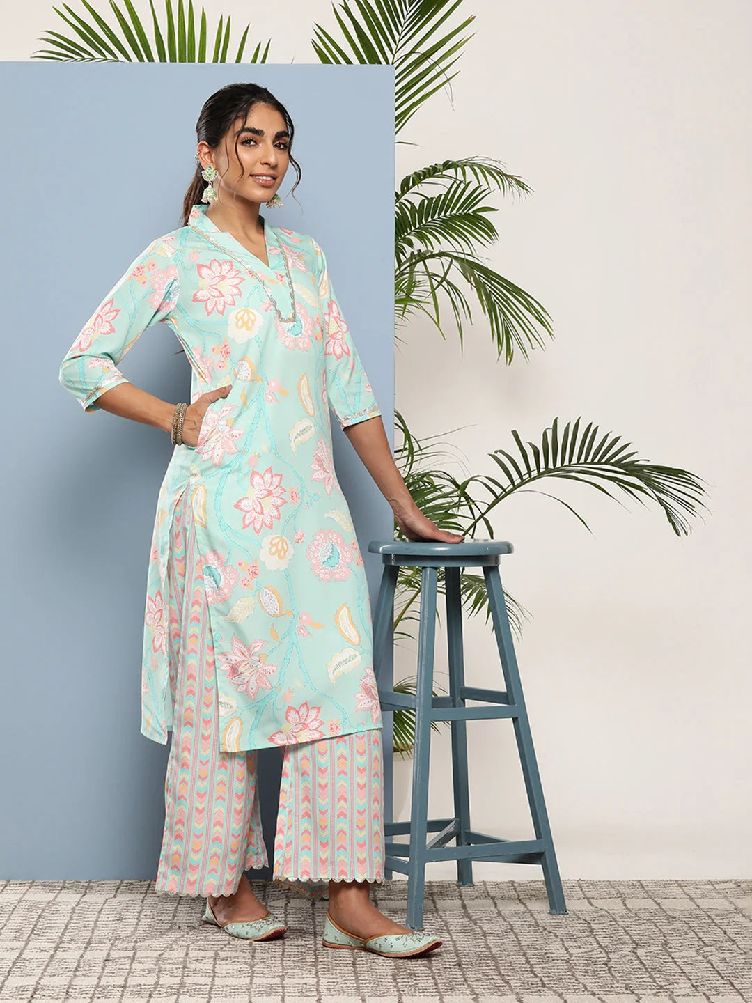 Blue Floral Kurta and Palazzo Set with Dupatta - Gotta Patti