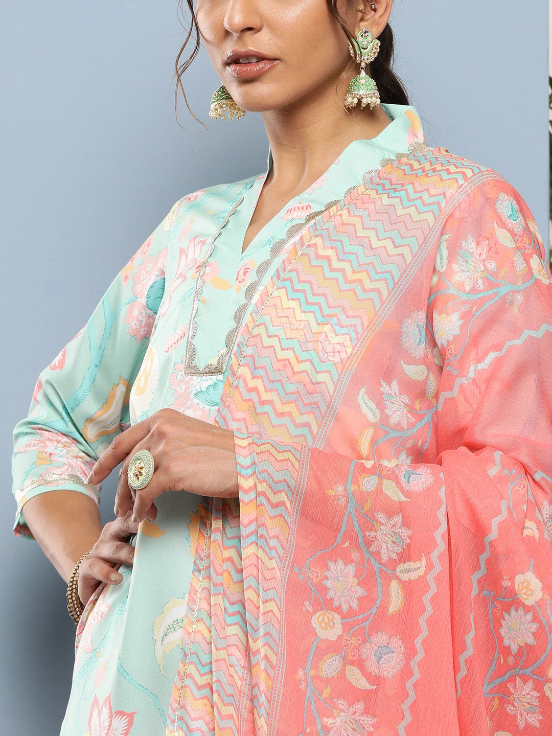 Blue Floral Kurta and Palazzo Set with Dupatta - Gotta Patti