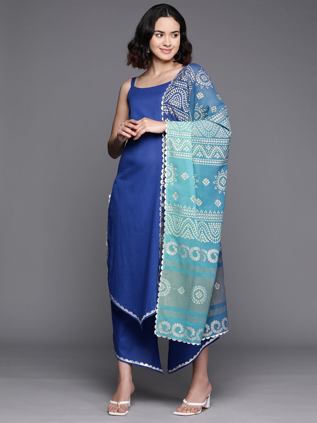 Blue Cotton Kurta and Palazzo Set with Printed Dupatta